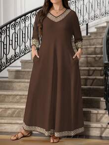 Lacomfia Plus Size Women's Floral Retro Print Casual Round Neck Long Sleeve Pocketed Maxi Dress, Fashionable & Elegant - Multicolor - View 1