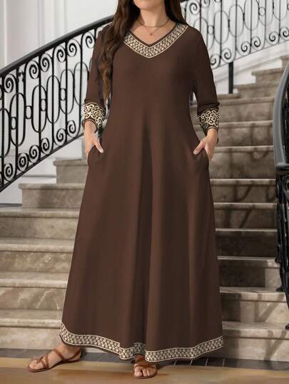 Lacomfia Vestido maxi de manga larga con cuello redondo, bolsillos y estampado floral retro casual para mujer de talla grande, elegante y de moda