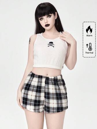 Goth Set pigiama da donna in flanella gotica, top a canotta e pantaloncini a quadri, con ricamo di scheletro, abbigliamento casual da notte, caldo e morbido per l'inverno