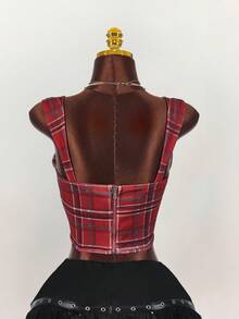 Y2K Amplova Plus Size Women Plaid Sleeveless Casual Blouse/Christmas Criss Cross Top Red Checkered Top Red Plaid Top Plaid Two Piece Set Scarf Top