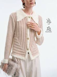 SHEIN Stylify 女士秋冬新款单件式 Polo 领针织开衫，柔软舒适，百搭时尚，高品质钩编设计 - 杏色 - 查看 4