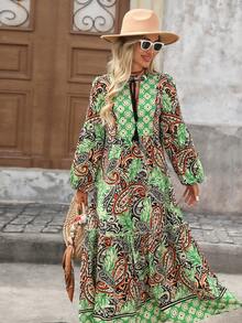 Brillora Autumn/Winter Casual Vacation V-Neck Tassel Tie Bohemian Style Printed Long Sleeve Dress For Women - Multicolor - View 1