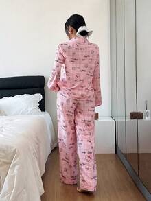 SHEIN 女士两件套睡衣，长袖上衣和长裤，粉色格子印花，饰有兔子和纸杯蛋糕图案，可爱休闲家居服，秋冬服装 - 彩色 - 查看 3