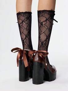 ROMWE Goth Women's Thick Sole Chunky Heel Pumps, Fashion Solid Color Pearl Buckle Lace Bow Decor High Heel Mary Jane Shoes, Suitable For Party, Outing, Date - Coffee Brown - View 5