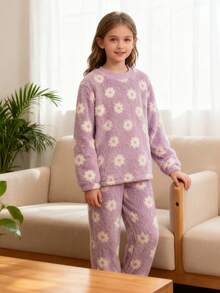 青少年女孩蓬松花朵印花长袖上衣和裤子睡衣套装 - 粉色 - 查看 3