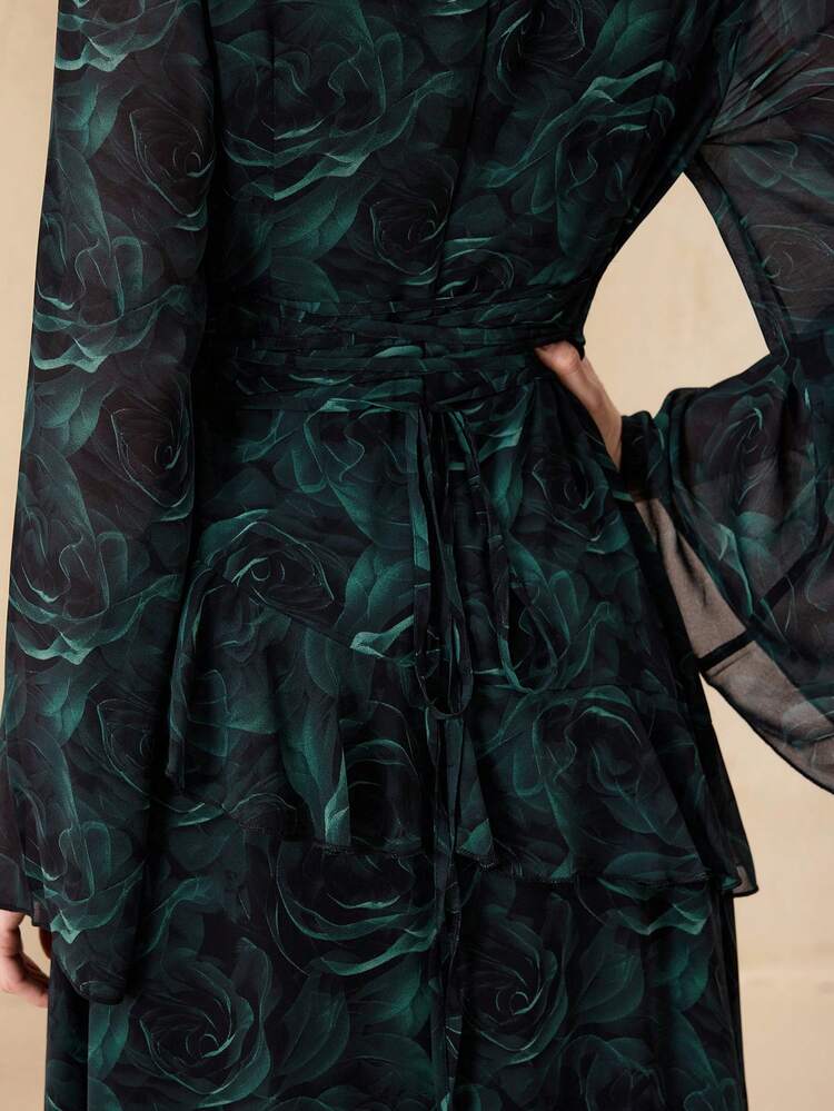 Graceveil Elegant Floral Print Chiffon Dress With Round Neck And Tie Waist For Women - Multicolor - View 3