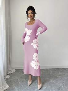 Elenzga Women's Turtleneck Floral Pattern Bodycon Long Sleeve Sweater Dress, Autumn/Winter - Mauve Purple - View 3