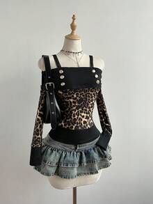 Elamini Blusa de manga larga con hombros descubiertos con estampado de leopardo, estilo Y2K para uso casual diario, con estampado de leopardo en contraste - Multicolor - Ver 5