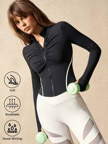 VARSIVA Women's Minimalist Ruched Bust Fitted Zip-Up Sports Jacket With Thumb Holes - Black and White - View 1