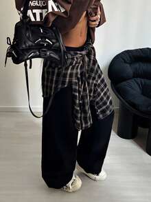 StreetHx Women's Casual Vacation Street Dance Style Patchwork Plaid Elastic Waist Straight Leg Jeans - Black - View 5