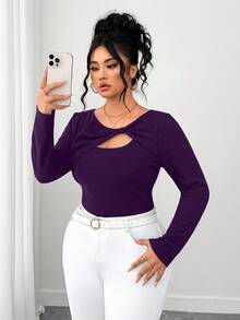 Elenzga Camiseta de manga larga con diseño asimétrico y tela texturizada para tallas grandes - Morado - Ver 6