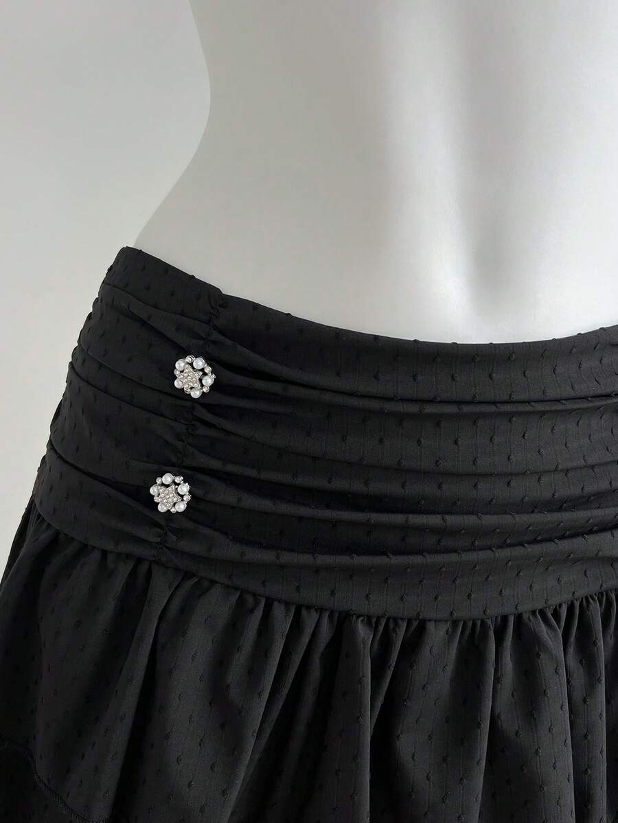 SHEIN Unity 1 件女士黑色波尔卡圆点褶皱裙，休闲通勤编织纹理面料，装饰纽扣，低腰 - 黑色 - 查看 1