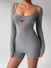 SHEIN Unity 2pcs Women Grey Embroidered Knitted Thermal Jumpsuit, Suitable For Daily, Party, Commute, Casual Wear, Autumn/Winter - Grey - View 6