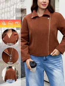 SHEIN LUNE Women'sPlus-SizeBrownWinterCord UroyMotorcycleJacket,FleeceLinedThickenedWarmCasualEveningJacketforChristmasThanksgivingParty,Non E - Brown - View 1