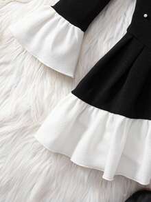 年轻女孩休闲简约俏皮细领口拼接荷叶边带串珠装饰西装外套连衣裙适合生日派对、晚会、演出、婚礼、洗礼、开幕式适合日常穿着适合上学适合旅行适合秋冬季节 - 黑色 - 查看 4