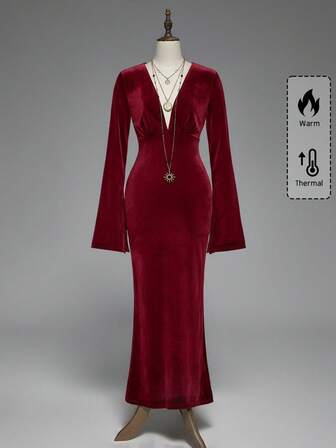 Gothic Style V-Neck Fitted Long Burgundy Mermaid Dress