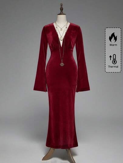 Gothic Style V-Neck Fitted Long Burgundy Mermaid Dress