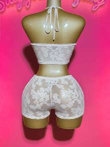 Slaydiva 2025夏季新款，适合生日派对、返校、校园风、学生装、日常休闲、度假、邮轮旅行、海滩、日光浴、网红、街头风、颓废风、性感夜店风，露背吊带设计，棕色提花针织面料，女士紧身连体裤 - 白色 - 查看 2