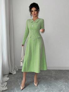 Elenzga 女士蓝绿色纹理面料翻领收腰A字中长连衣裙，饰有金属仿珍珠纽扣，优雅别致的设计，适合教师装、约会、生日、派对、独立日、感恩节、圣诞节、新年等场合，长袖。 - 綠色 - 查看 5