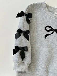 SHEIN 2件套女婴可爱针织灰色蝴蝶结长袖运动衫和裤子套装 - 淺灰色 - 查看 6