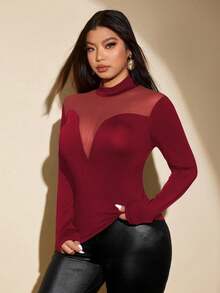 NU&NOW Plus Size Women Solid Color Mesh Long Sleeve Mock Neck Slim Fit Burgundy T-Shirt For Spring - Burgundy - View 6