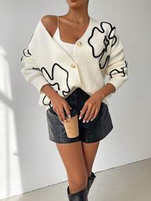 Chiquease Floral Pattern Drop Shoulder Cardigan,Long Sleeve Tops Fall Winter Cloth For Women - Black and White - View 1