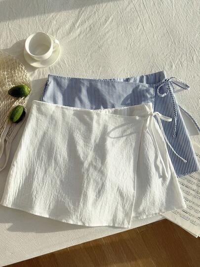 Comfortcana Conjunto de 2 piezas de talla grande para mujer: pantalón y falda de lino con lazo y rayas, y shorts blancos con cordón para envolver, adecuado para vacaciones en la playa, de verano y estilo casual