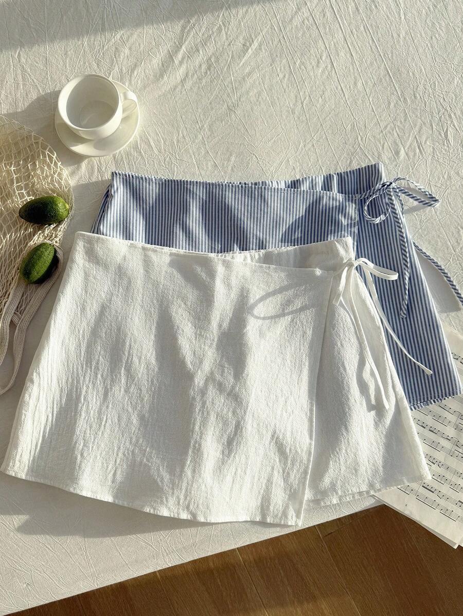 Comfortcana 大码女式 2 件套夏季休闲亚麻蝴蝶结条纹裤裙和白色抽绳裹身短裤套装，适合海滩度假 - 藍白色 - 查看 1