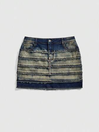 Grunge Punk Y2K Faded Distressed Multi-Layer Frayed Patchwork Plus Size Denim Mini Skirt, Subculture Vintage Washed Denim Skirt