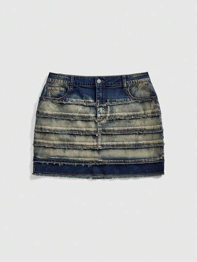 Grunge Punk تنورة جينز صغيرة مشوهة متعددة الطبقات مع رقع مهترئة مقاس كبير، تنورة جينز فينتاج مغسولة من الثقافة الفرعية