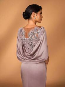 Serin 优雅奢华的刺绣蕾丝亮片拼接弹力缎面荷叶袖鱼尾连衣裙，适合婚礼、派对、度假、舞会、晚礼服、新娘母亲礼服、情人节等场合。 - 藕粉色 - 查看 4