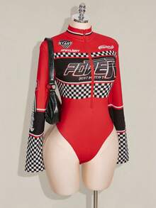 SHEIN ICON 女士加大码秋冬性感复古简约运动休闲时尚前卫赛车服字母图案黑白棋盘格印花高领前拉链黑红撞色连体衣 - 紅色 - 查看 4