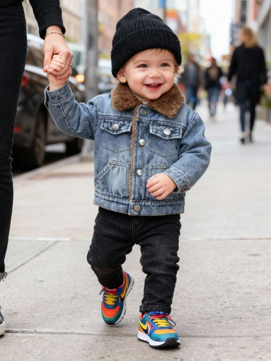 SHEIN Áo khoác cardigan denim cổ bẻ tay dài dáng rộng unisex cho bé trai, thích hợp cho các hoạt động thường ngày, tụ họp cuối tuần, cắm trại ngoài trời, phong cách thường ngày ở trường học, size 6M-3T. Áo khoác denim cho bé trai, áo khoác denim cho bé, áo khoác denim cho bé trai, áo khoác denim, áo khoác jeans cho bé, áo khoác denim kiểu Hàn Quốc. - Nhiều màu - Xem 1