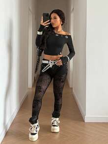 StreetHx Women's Fashion Subculture Flocked Mesh Leggings - Black - View 4