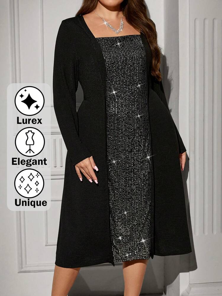 Sukienka damska plus size z kwadratowym dekoltem i długim rękawem, cekinowa, elegancka, karnawałowa, noworoczna, sukienka z cekinami, kolekcja jesień/zima 2025, elegancka sukienka na imprezę jesienno-zimową, damska, noworoczna