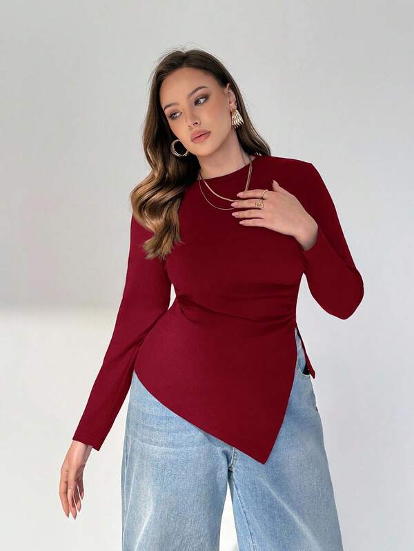 Auralis Plus Size Women's Spring And Autumn Fashion Casual Comfortable Daily Irregular Hem Red Slim Top,Fall Clothes,Going Out Tops,Curve Tops