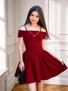 Girlism 少女优雅编织红色束腰露肩A字连衣裙 - 酒紅色 - 查看 3