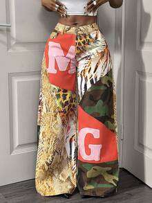 Slaydiva Women's Fashion Camouflage & Snake Skin Print Patchwork Wide Leg Jeans, Patchwork Jungle Theme Jeans - Multicolor - View 5