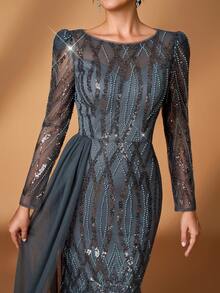 Serin Elegant Luxurious Beaded & Sequin Floral Sheer Sleeve Mermaid Dress With Side Slit, Suitable For Wedding, Party, Vacation, Prom, Mother Of The Bride Evening Gown - Dark Grey - View 3