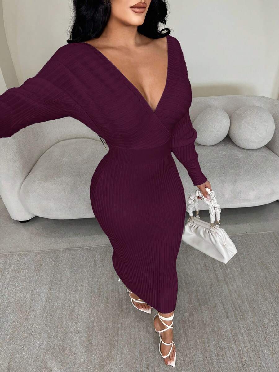 SHEIN SXY 女士性感优雅白色 V 领露肩长袖修身毛衣裙，适合日常穿着、办公室、约会、休闲、派对、感恩节、圣诞节白色中长裙白色长袖连衣裙白色紧身连衣裙罗纹中长裙秋冬 - 紫色 - 查看 1
