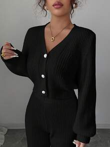 Elenzga 女士优雅钻石纹理珍珠纽扣前开襟上衣和宽松针织裤两件套 - 黑色 - 查看 5