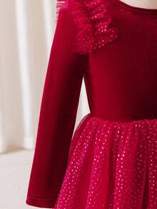Glamorique Kids Young Girl' Elegant Burgundy Velvet Long Sleeve Waist Snug Fit Luxurious Cute Double-Layer Glitter Mesh Tulle Puff Dress, Formal Gown - Burgundy - View 7