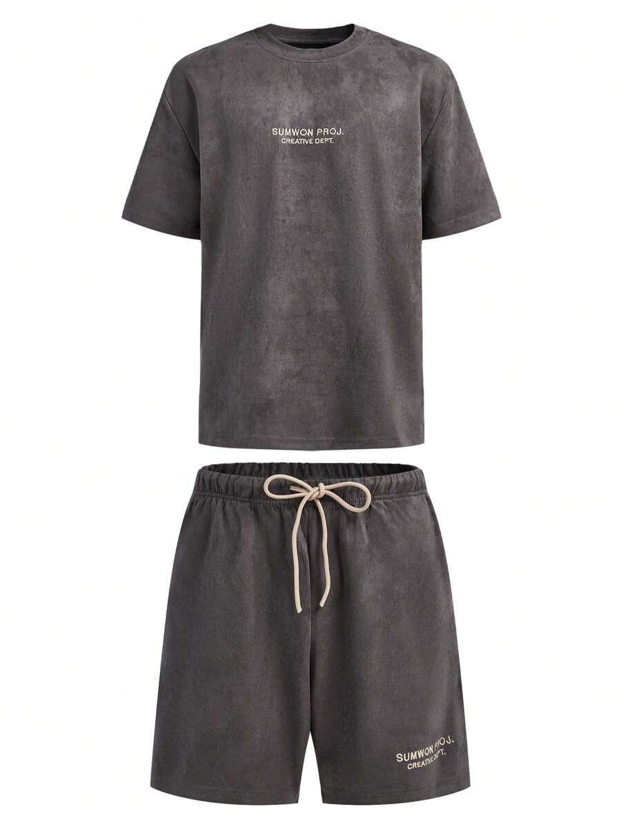 SUMWON Suedette Tee And Short 2 Piece Set - Dark Grey - View 1