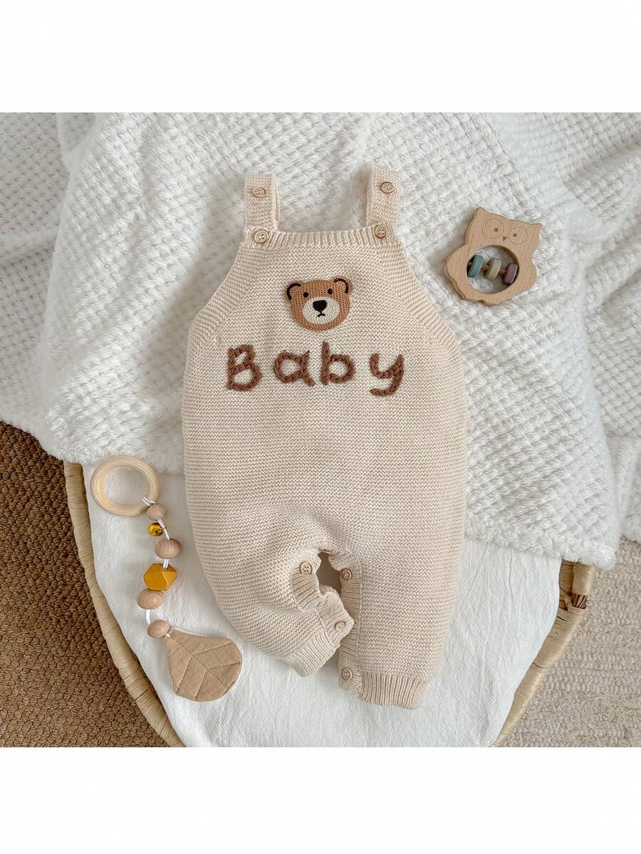 Loomiva Newborn Baby Boy/Girl Cartoon Bear Print Bib & Pants Set Baby Knitted Outfit Baby Clothes New Born Neutral Outfit Neutral Baby Clothes Unisex - Apricot - View 1