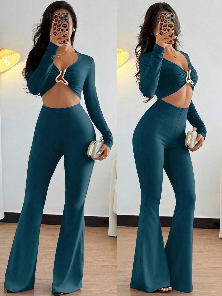 Rafferiza 欧美风格休闲金属装饰收腰长袖性感黑色高弹力女式连体裤 - 水鴨藍 - 查看 1