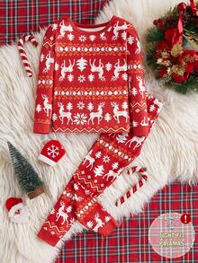 SHEIN 1 Set Merry Christmas Young Boy Snug Fit Pajamas,Long Sleeve Reindeer,Snowflake & Geometric Print Top And Matching Pants,Autumn,Family Matching Soft - Multicolor - View 11