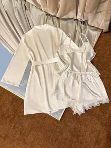 SilkySpell 3件套女士刺绣蕾丝V领吊带背心+短裤+睡袍性感缎面睡衣套装新娘睡袍套装，秋冬服装 - 米色 - 查看 2