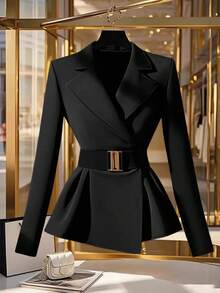 SHEIN PETITE Elegant Metal Buckle Decor Long Black Blazer For Women, Suitable For Party