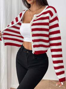 SHEIN PETITE Fashionable Casual Versatile Striped Textured Women Cardigan Sweater - Red and White - View 5