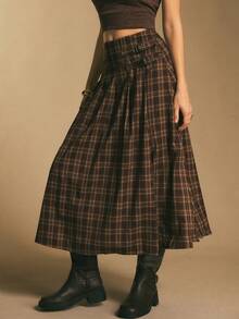 Poéselle 女士休闲格子侧扣开衩裙 - 棕色 - 查看 5